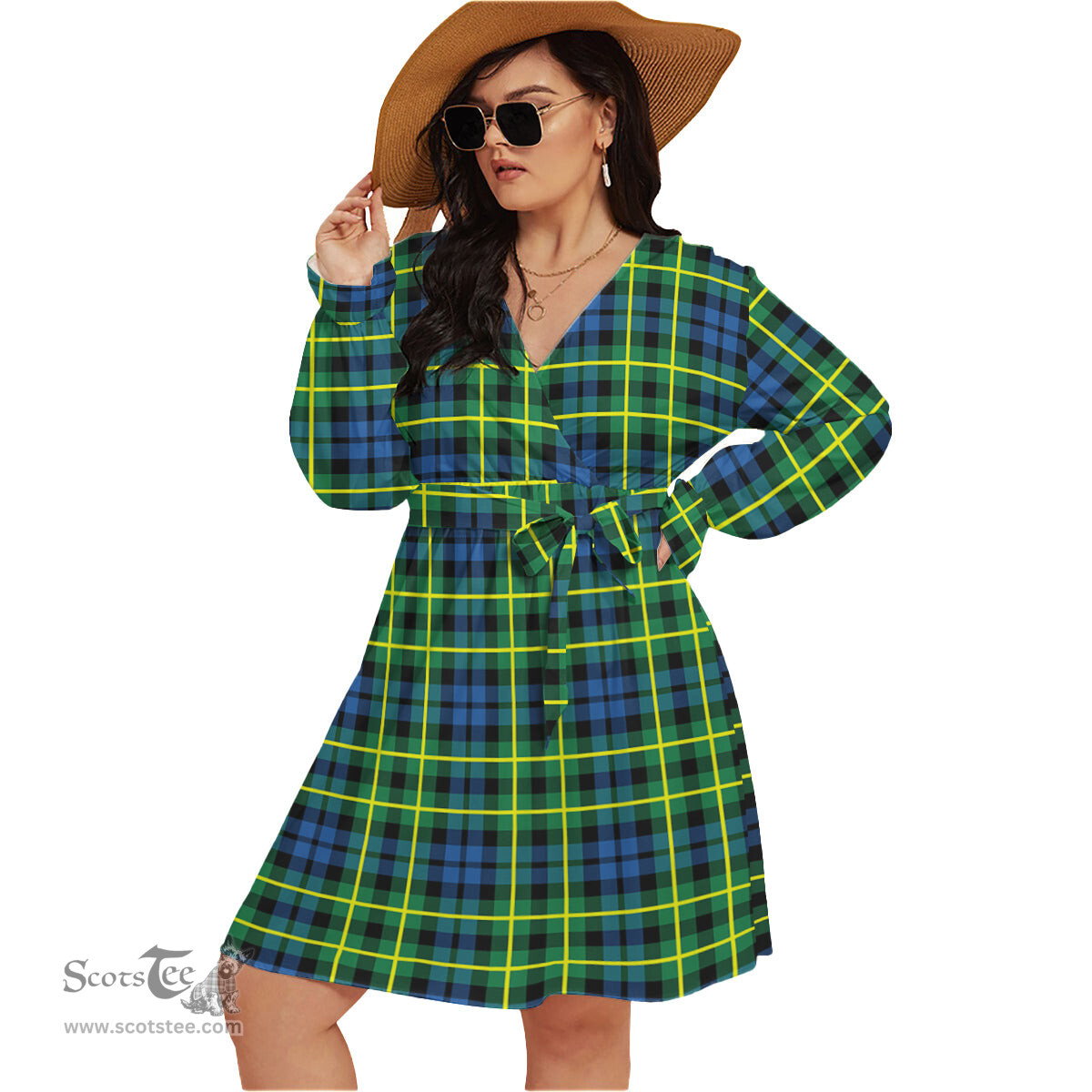 Scottish Campbell of Breadalbane Ancient Clan Tartan Womens V-neck Dress With Waistband Tartan Dress Plus Size