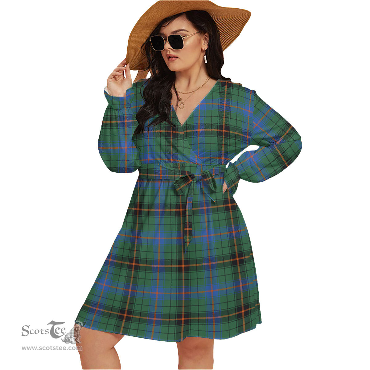 Scottish Davidson Ancient Clan Tartan Womens V-neck Dress With Waistband Tartan Dress Plus Size