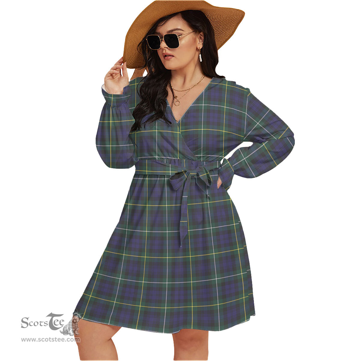 Scottish Campbell Argyll Modern Clan Tartan Womens V-neck Dress With Waistband Tartan Dress Plus Size