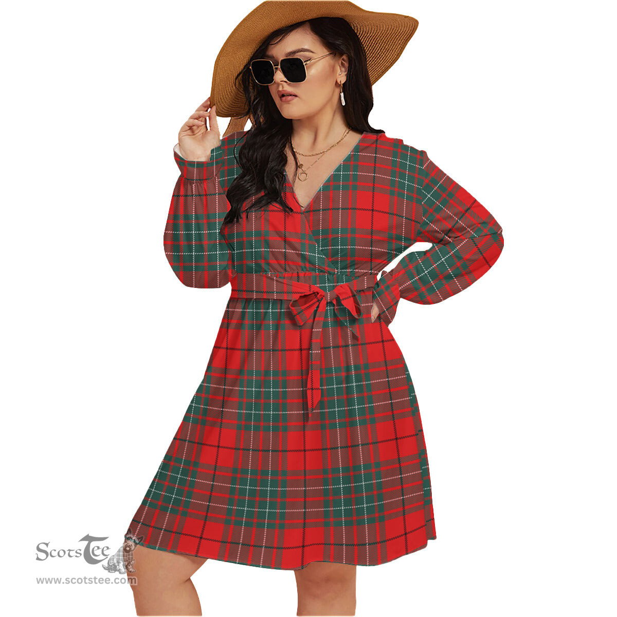 Scottish Cheyne Clan Tartan Womens V-neck Dress With Waistband Tartan Dress Plus Size