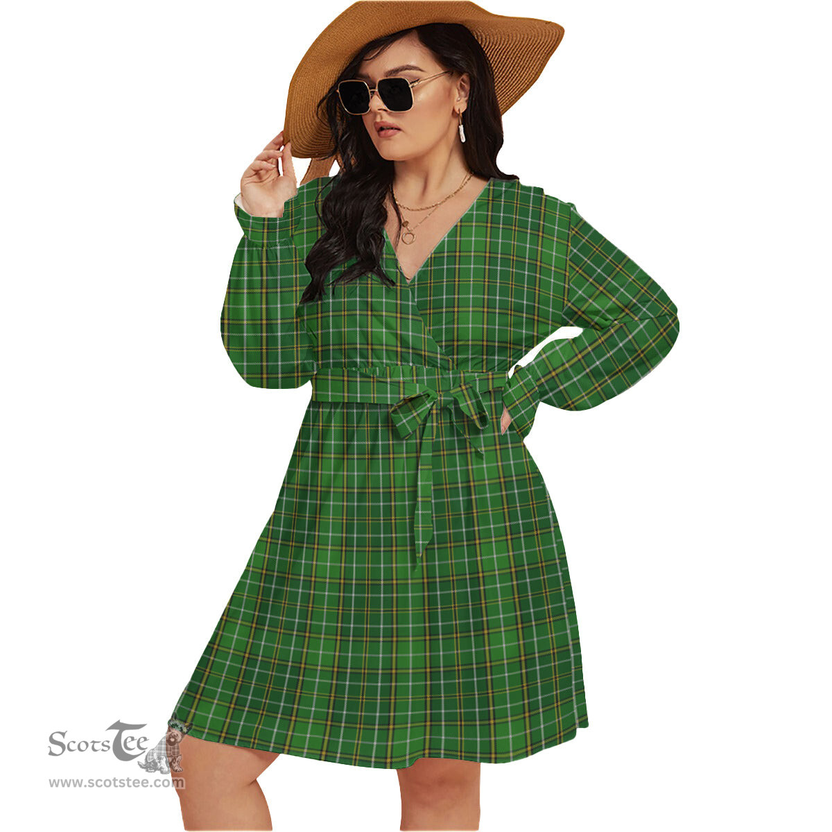Scottish Forrester or Foster Hunting Clan Tartan Womens V-neck Dress With Waistband Tartan Dress Plus Size
