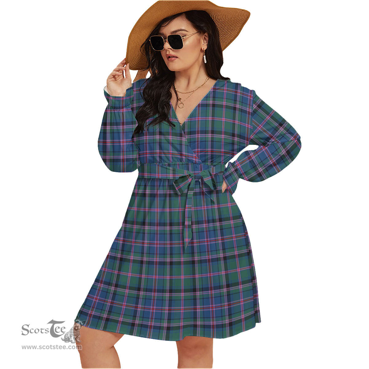 Scottish Cooper Clan Tartan Womens V-neck Dress With Waistband Tartan Dress Plus Size