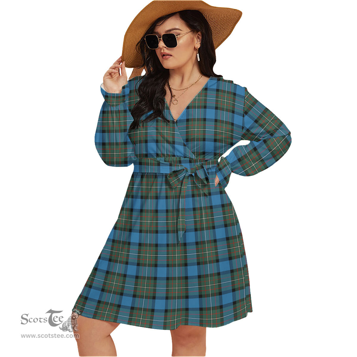 Scottish Fergusson Ancient Clan Tartan Womens V-neck Dress With Waistband Tartan Dress Plus Size