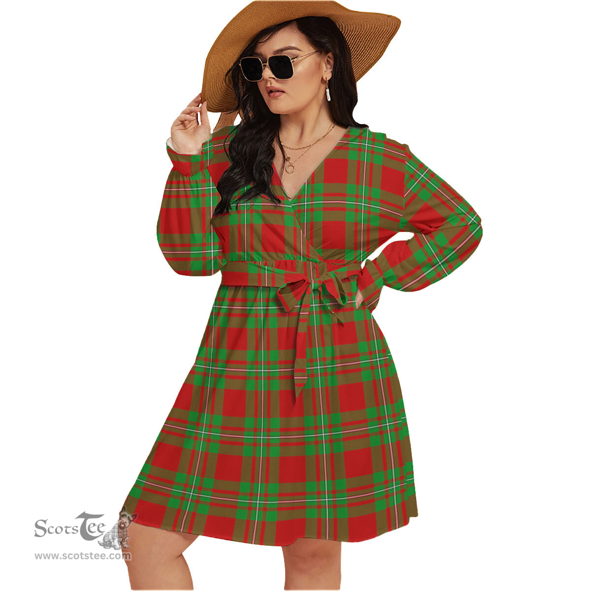 Scottish Callander Modern Clan Tartan Womens V-neck Dress With Waistband Tartan Dress Plus Size