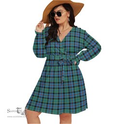 Scottish Campbell of Cawdor Ancient Clan Tartan Womens V-neck Dress With Waistband Tartan Dress Plus Size