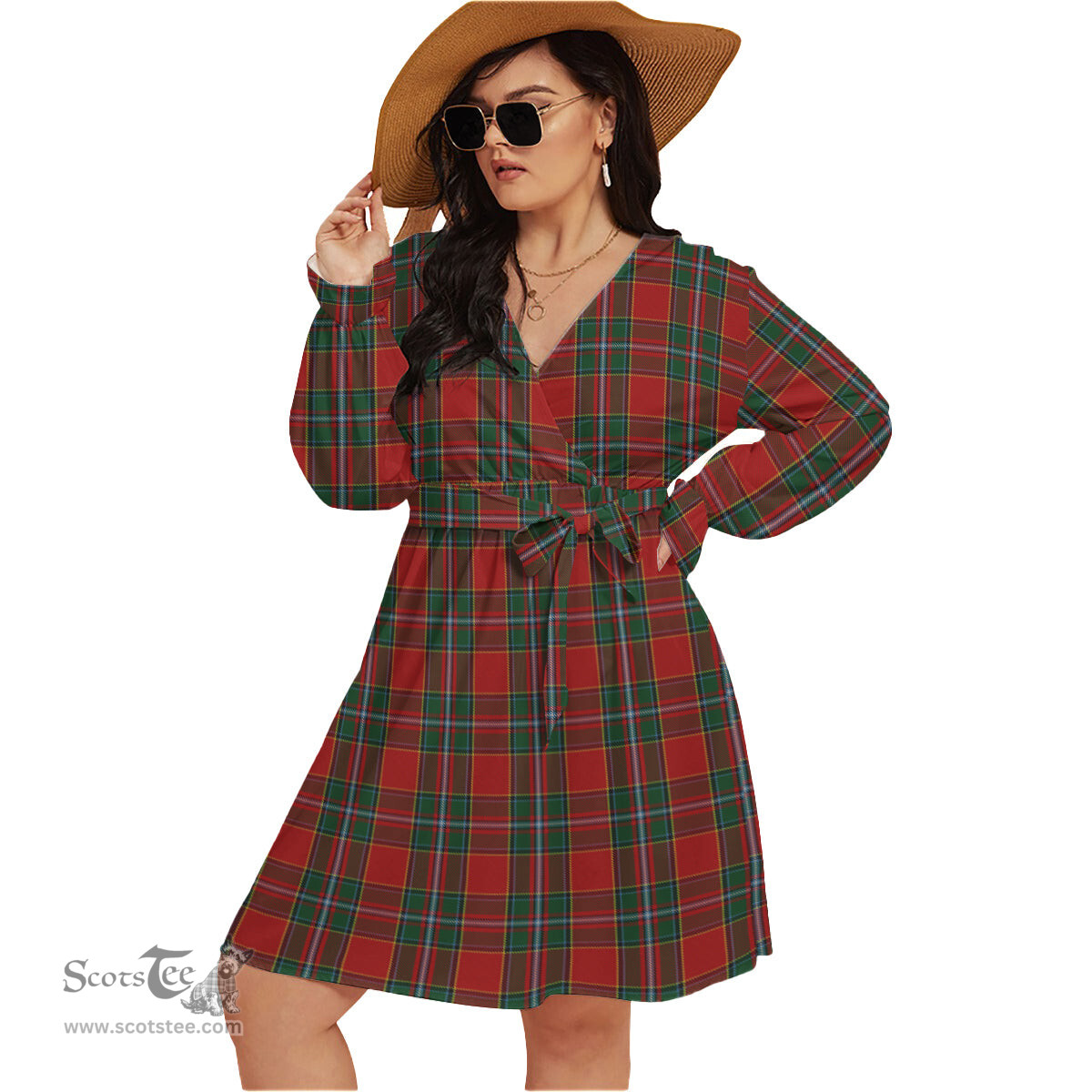 Scottish Drummond Ancient Clan Tartan Womens V-neck Dress With Waistband Tartan Dress Plus Size