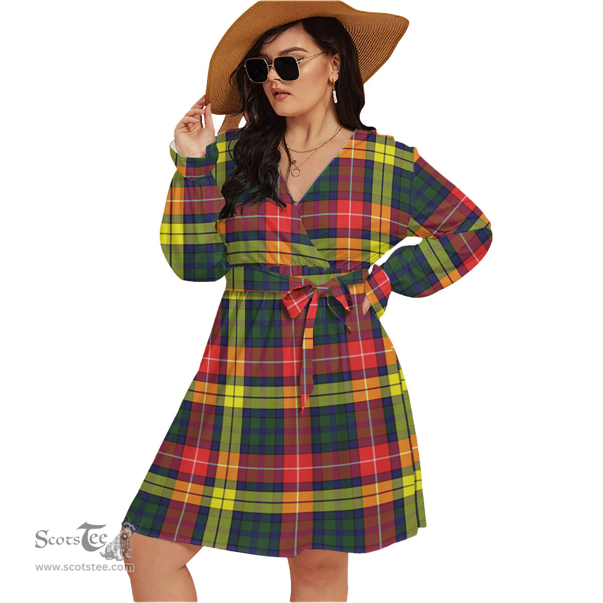 Scottish Dewar Clan Tartan Womens V-neck Dress With Waistband Tartan Dress Plus Size