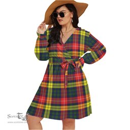 Scottish Dewar Clan Tartan Womens V-neck Dress With Waistband Tartan Dress Plus Size