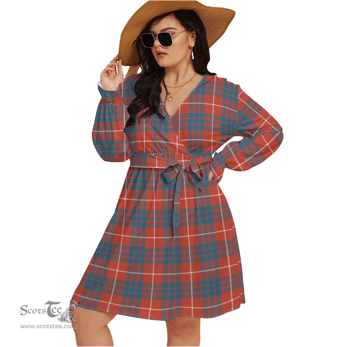 Scottish Hamilton Ancient Clan Tartan Womens V-neck Dress With Waistband Tartan Dress Plus Size