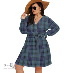 Scottish Hannay Blue Clan Tartan Womens V-neck Dress With Waistband Tartan Dress Plus Size