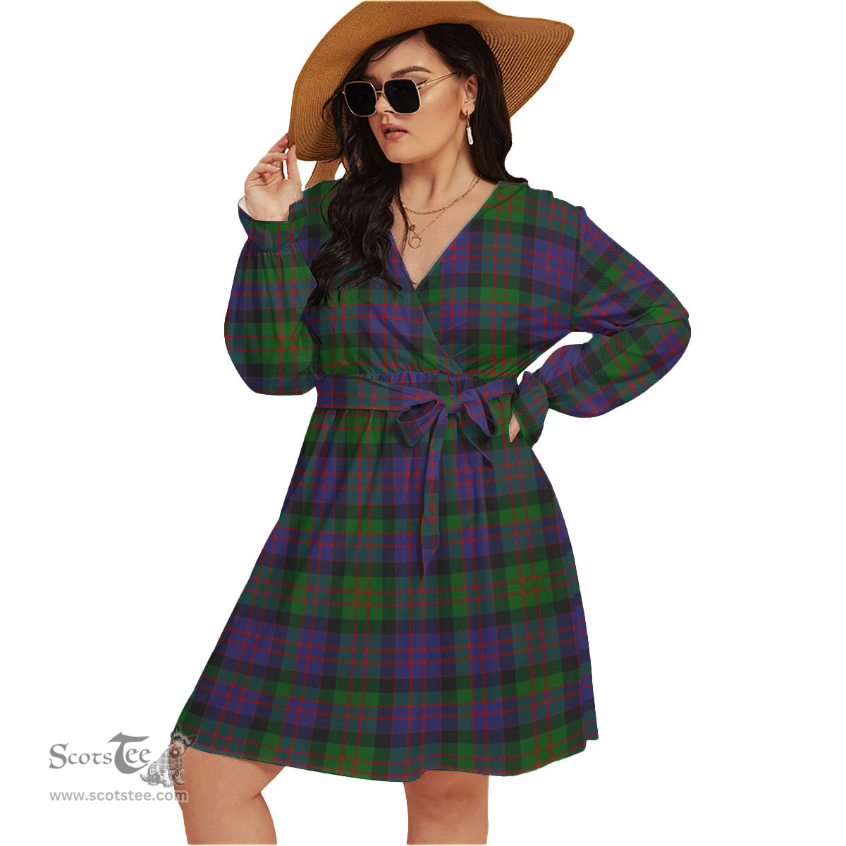 Scottish MacDonald Clan Tartan Womens V-neck Dress With Waistband Tartan Dress Plus Size