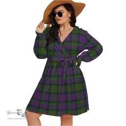 Scottish MacDonald Clan Tartan Womens V-neck Dress With Waistband Tartan Dress Plus Size