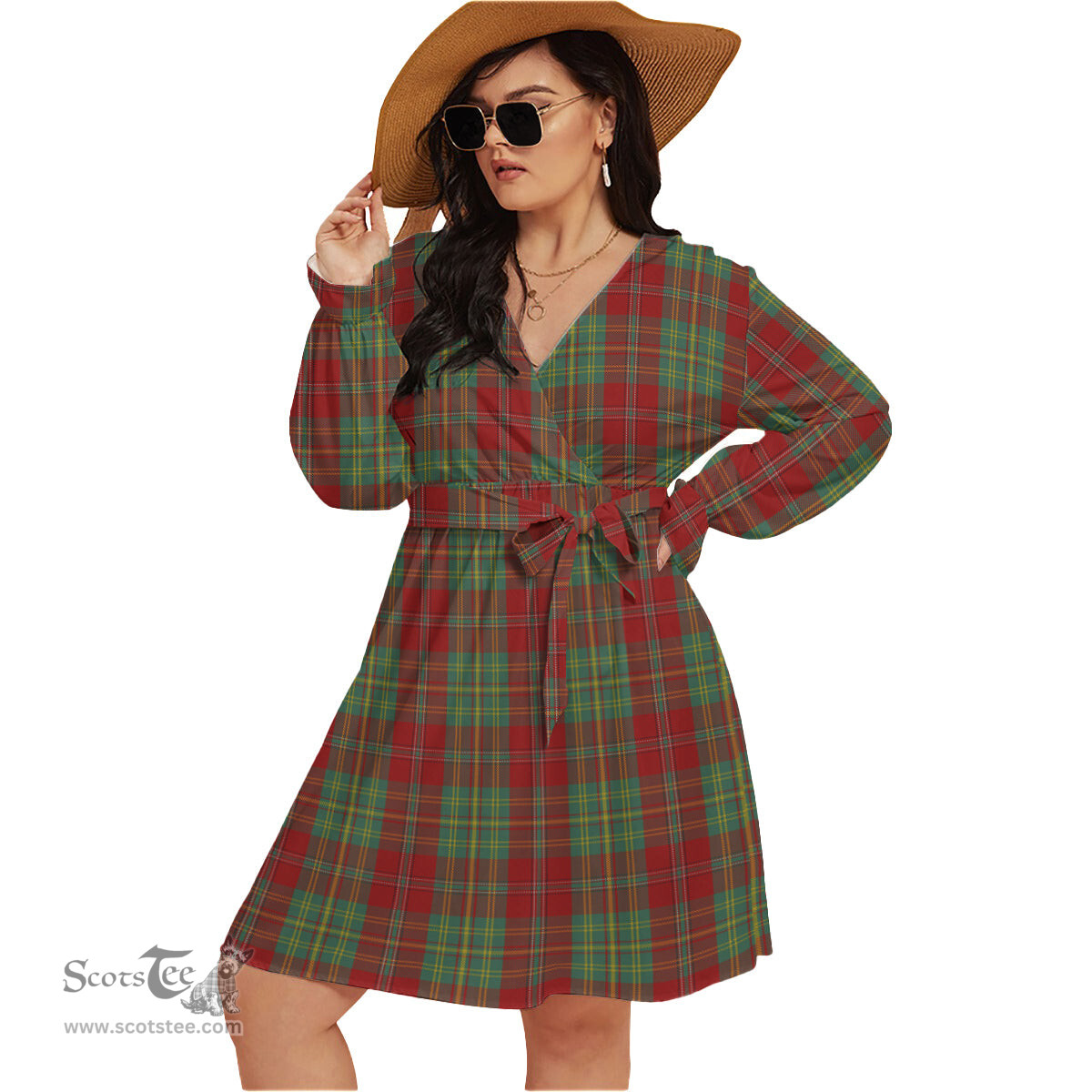Scottish Leask Clan Tartan Womens V-neck Dress With Waistband Tartan Dress Plus Size