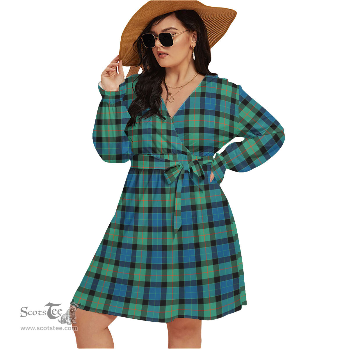 Scottish Gunn Ancient Clan Tartan Womens V-neck Dress With Waistband Tartan Dress Plus Size