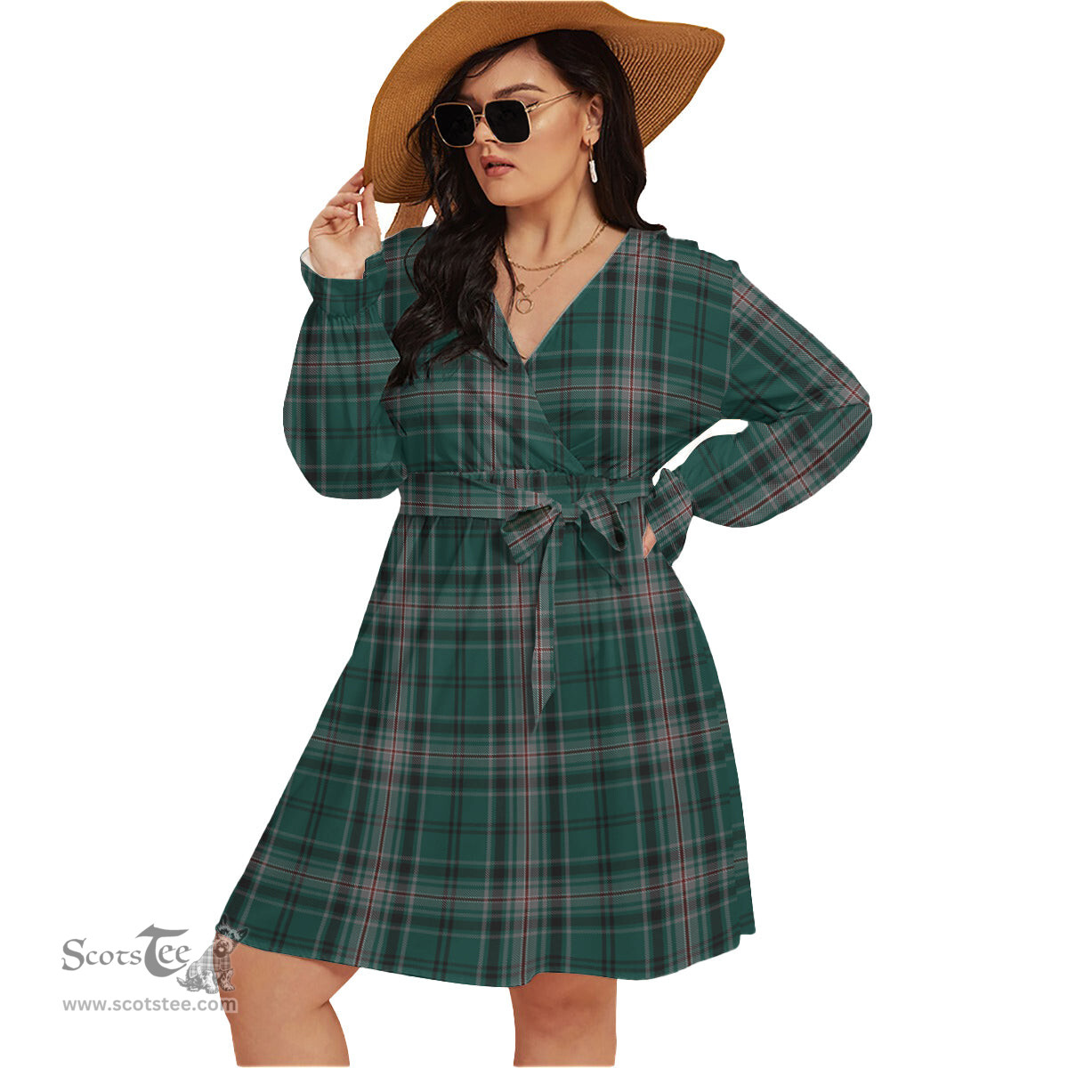 Scottish Kelly of Sleat Hunting Clan Tartan Womens V-neck Dress With Waistband Tartan Dress Plus Size