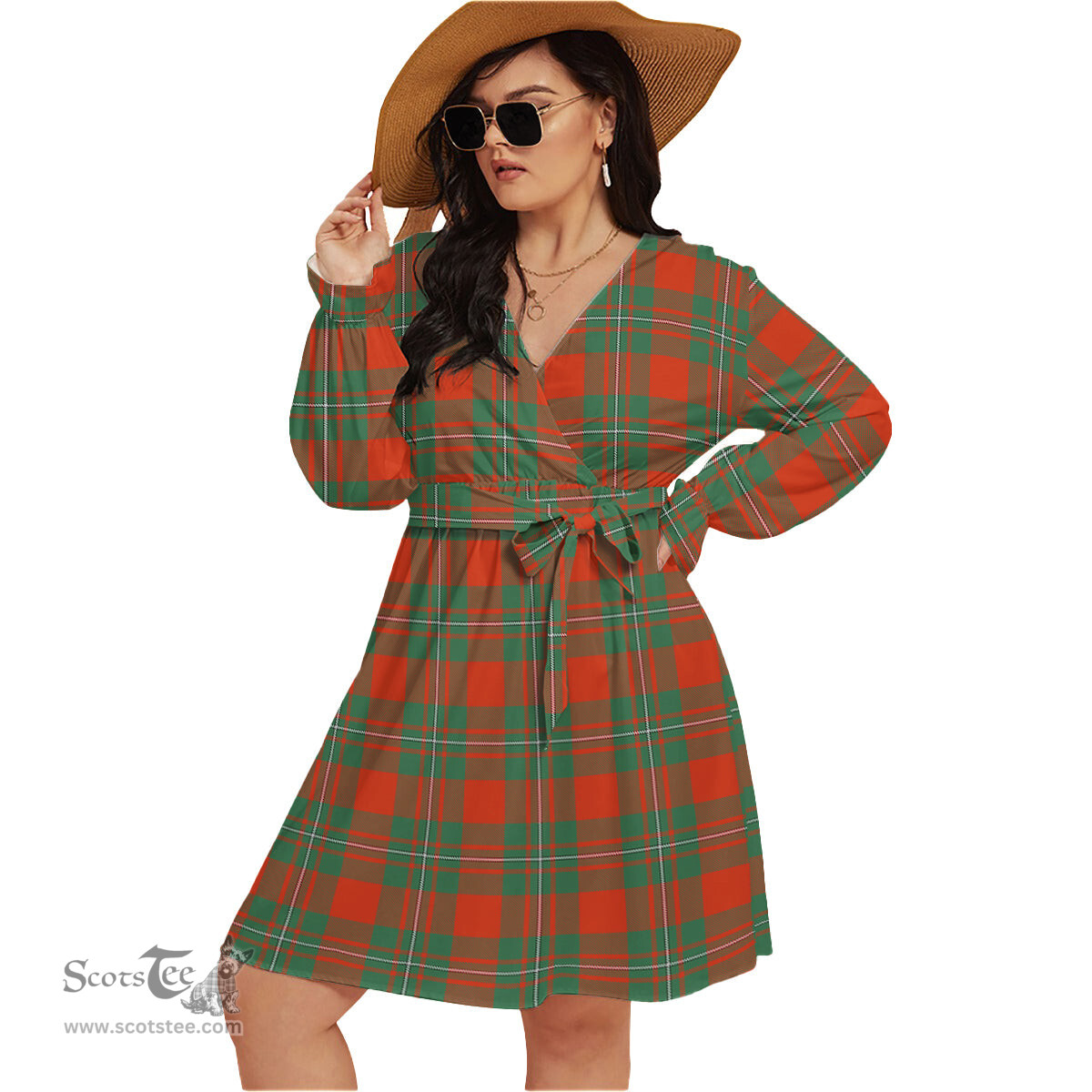 Scottish MacGregor Ancient Clan Tartan Womens V-neck Dress With Waistband Tartan Dress Plus Size