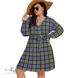 Scottish MacDonald Ancient Clan Tartan Womens V-neck Dress With Waistband Tartan Dress Plus Size