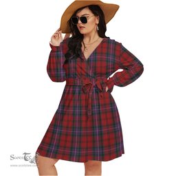 Scottish Kelly of Sleat Red Clan Tartan Womens V-neck Dress With Waistband Tartan Dress Plus Size