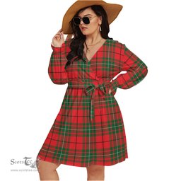 Scottish MacAulay Modern Clan Tartan Womens V-neck Dress With Waistband Tartan Dress Plus Size