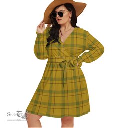 Scottish Houston Clan Tartan Womens V-neck Dress With Waistband Tartan Dress Plus Size