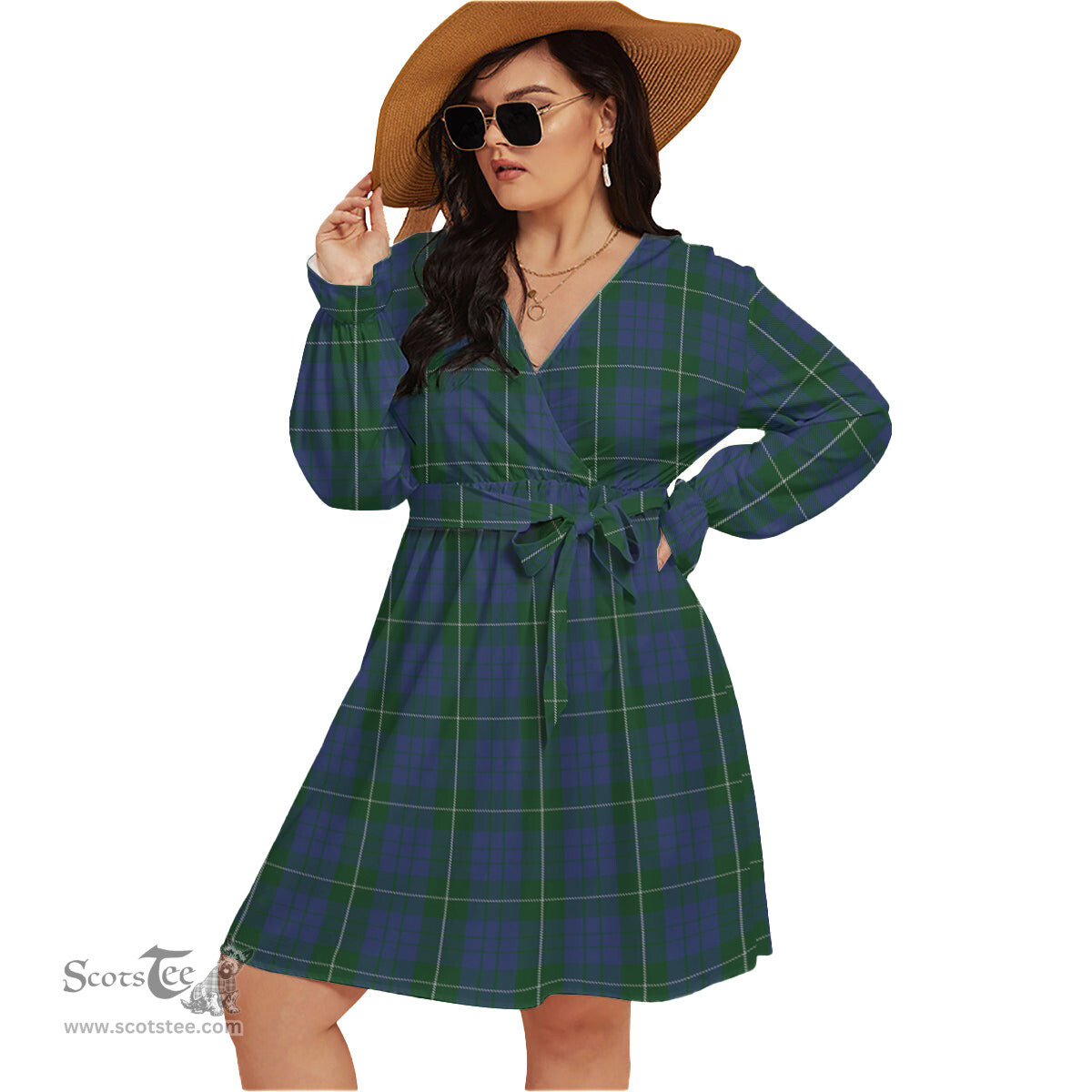 Scottish Hamilton Hunting Clan Tartan Womens V-neck Dress With Waistband Tartan Dress Plus Size