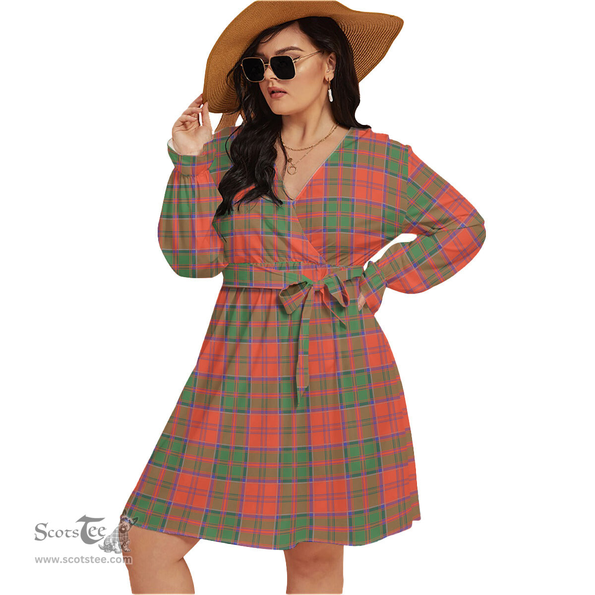 Scottish Grant Ancient Clan Tartan Womens V-neck Dress With Waistband Tartan Dress Plus Size