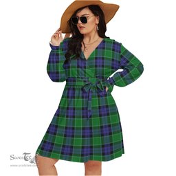Scottish Graham of Menteith Modern Clan Tartan Womens V-neck Dress With Waistband Tartan Dress Plus Size