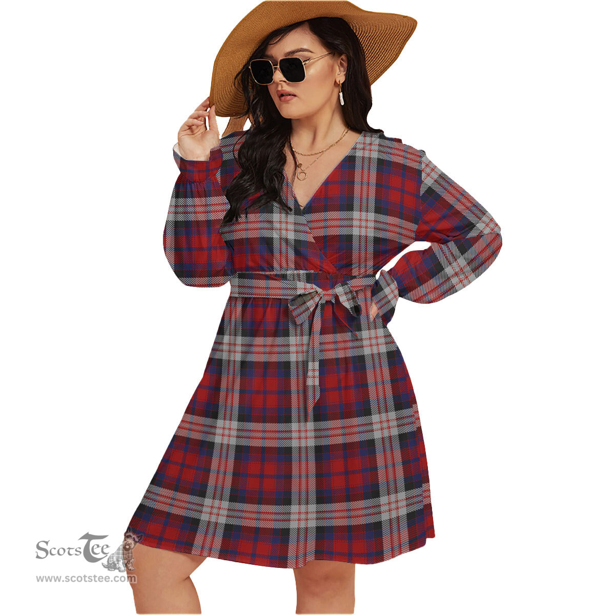 Scottish MacDonald Dress Irish Clan Tartan Womens V-neck Dress With Waistband Tartan Dress Plus Size