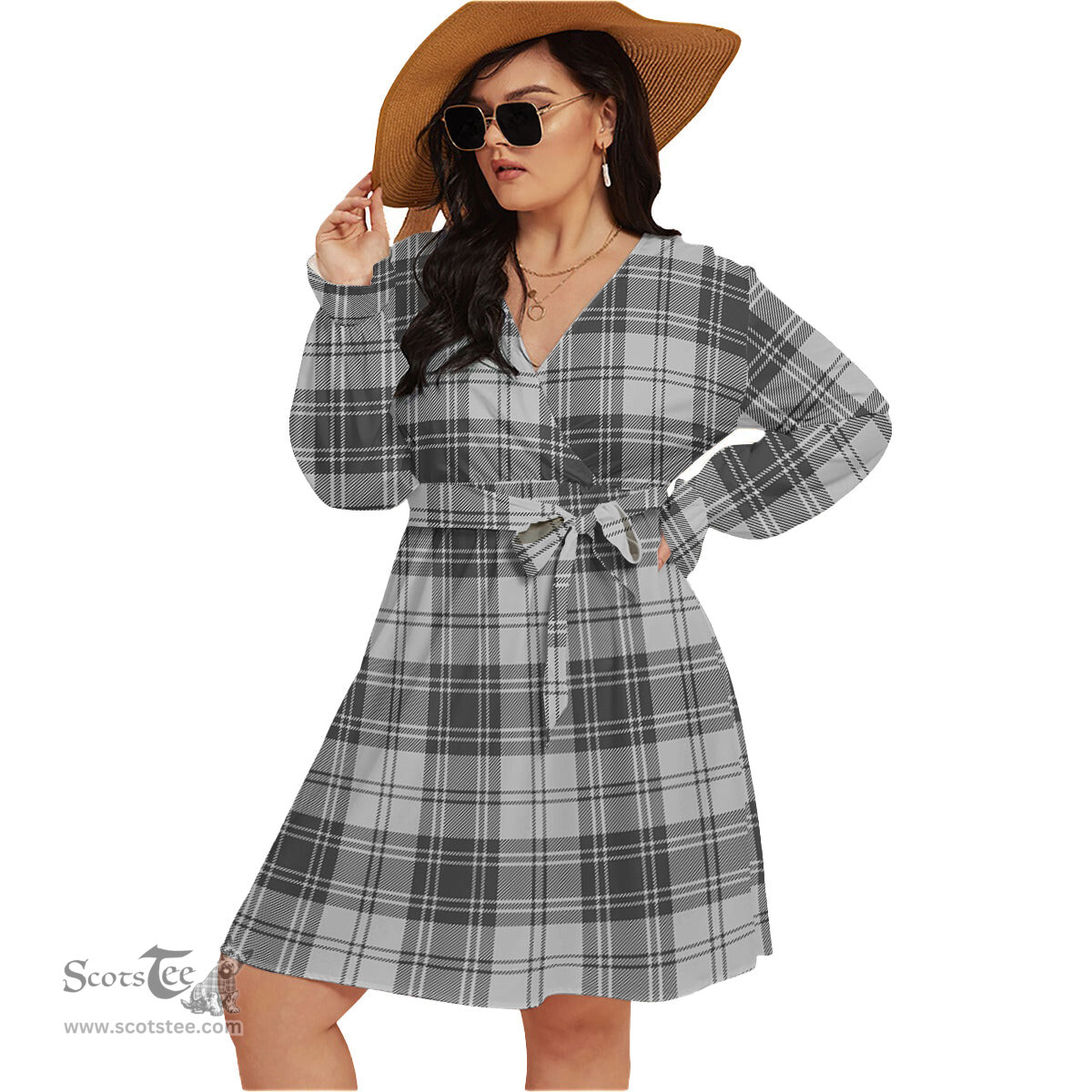 Scottish Glendinning Clan Tartan Womens V-neck Dress With Waistband Tartan Dress Plus Size