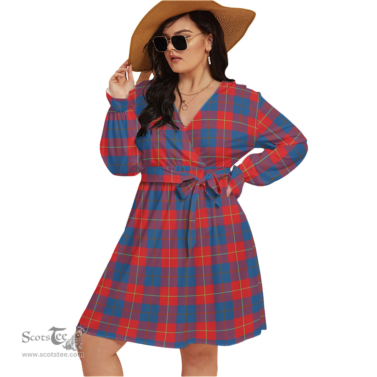 Scottish Galloway Red Clan Tartan Womens V-neck Dress With Waistband Tartan Dress Plus Size