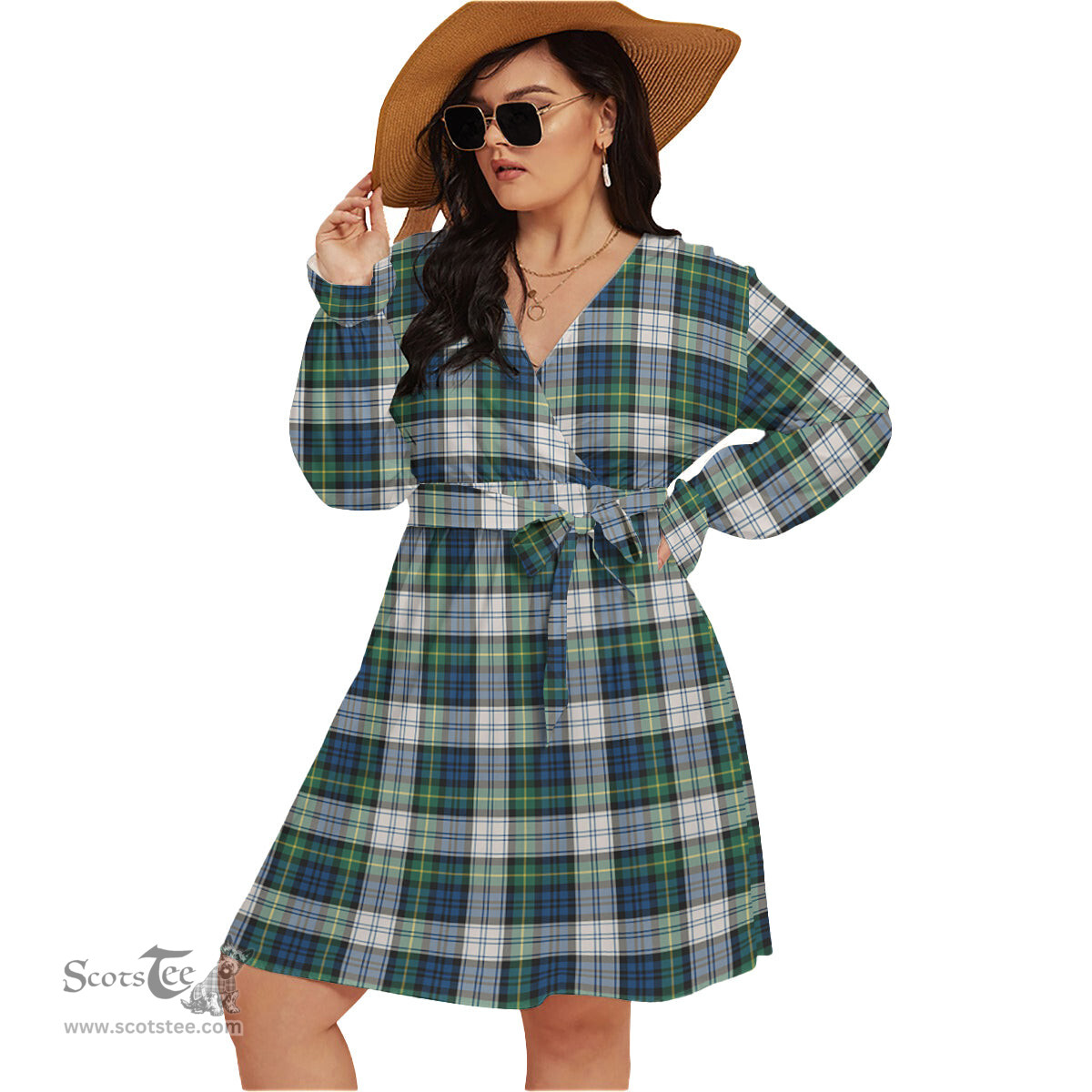 Scottish Gordon Dress Ancient Clan Tartan Womens V-neck Dress With Waistband Tartan Dress Plus Size