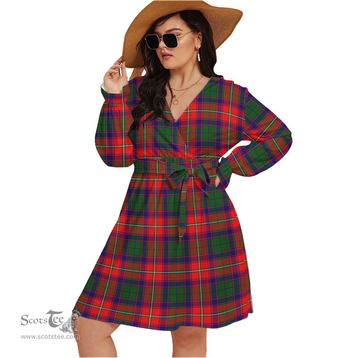 Scottish Hopkirk Clan Tartan Womens V-neck Dress With Waistband Tartan Dress Plus Size