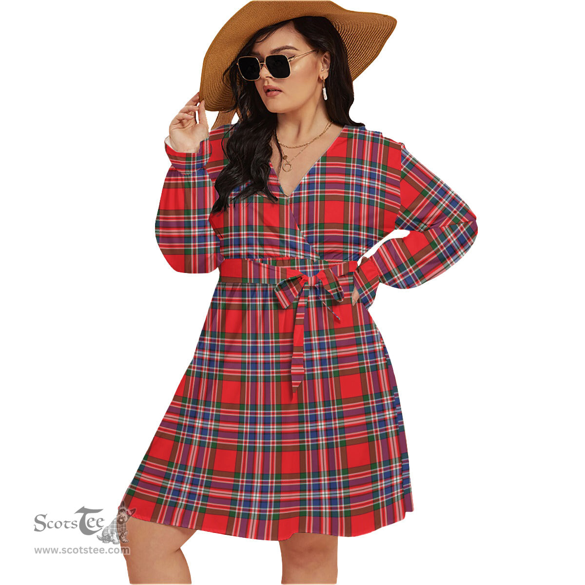 Scottish MacFarlane Modern Clan Tartan Womens V-neck Dress With Waistband Tartan Dress Plus Size