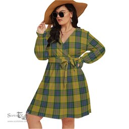 Scottish Fraser Yellow Clan Tartan Womens V-neck Dress With Waistband Tartan Dress Plus Size