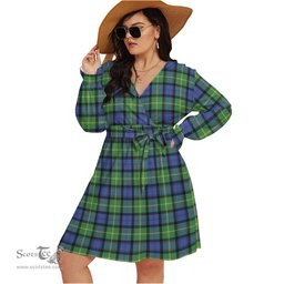 Scottish Gordon Old Ancient Clan Tartan Womens V-neck Dress With Waistband Tartan Dress Plus Size