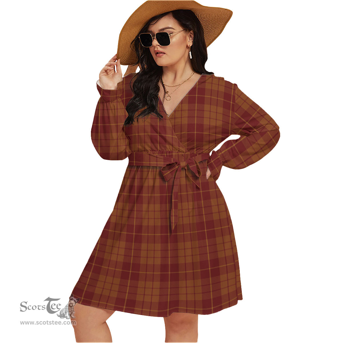 Scottish Hamilton Red Clan Tartan Womens V-neck Dress With Waistband Tartan Dress Plus Size