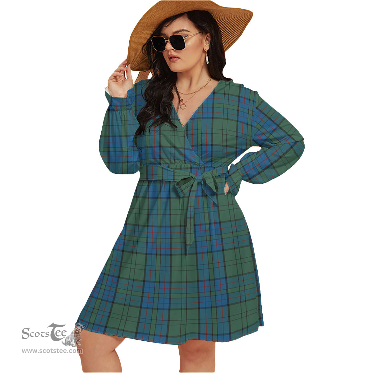 Scottish Lockhart Clan Tartan Womens V-neck Dress With Waistband Tartan Dress Plus Size