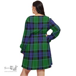 Scottish Haldane Clan Tartan Womens V-neck Dress With Waistband Tartan Dress Plus Size