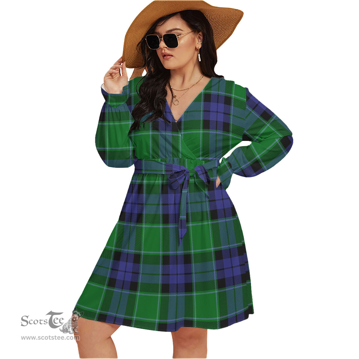 Scottish Haldane Clan Tartan Womens V-neck Dress With Waistband Tartan Dress Plus Size