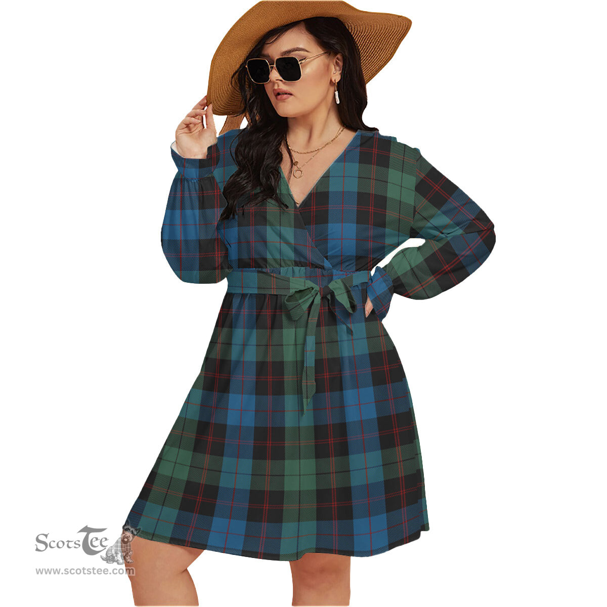 Scottish Guthrie Clan Tartan Womens V-neck Dress With Waistband Tartan Dress Plus Size
