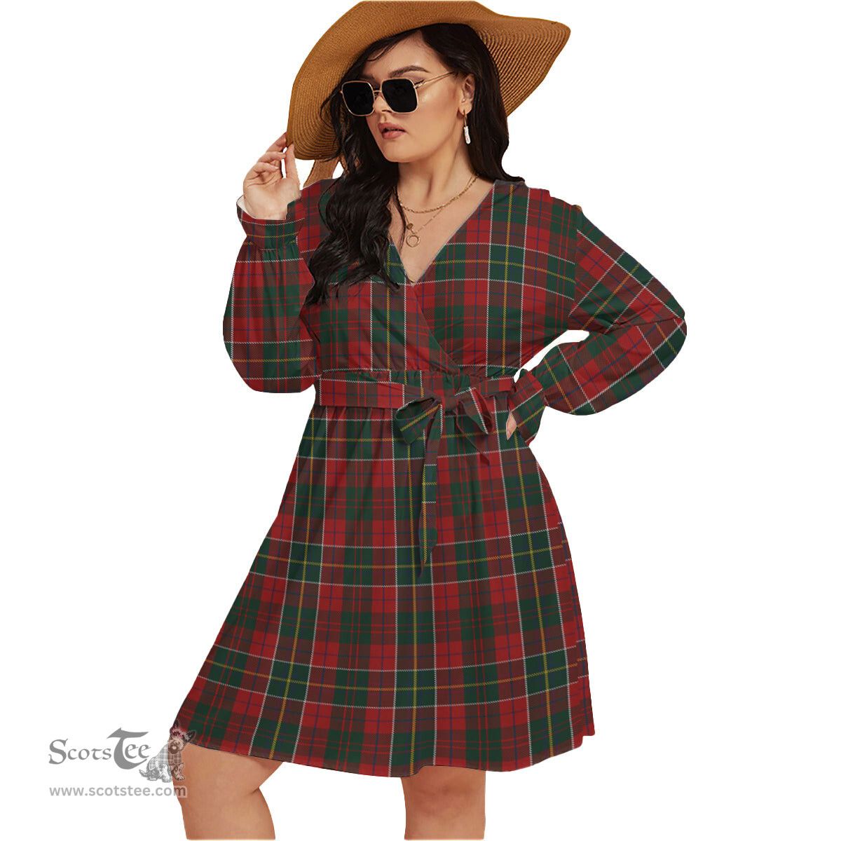 Scottish Hunter USA Clan Tartan Womens V-neck Dress With Waistband Tartan Dress Plus Size