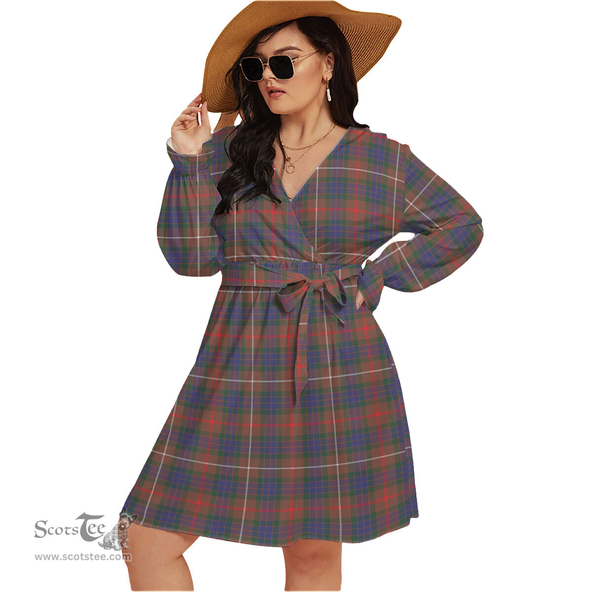 Scottish Fraser Hunting Modern Clan Tartan Womens V-neck Dress With Waistband Tartan Dress Plus Size