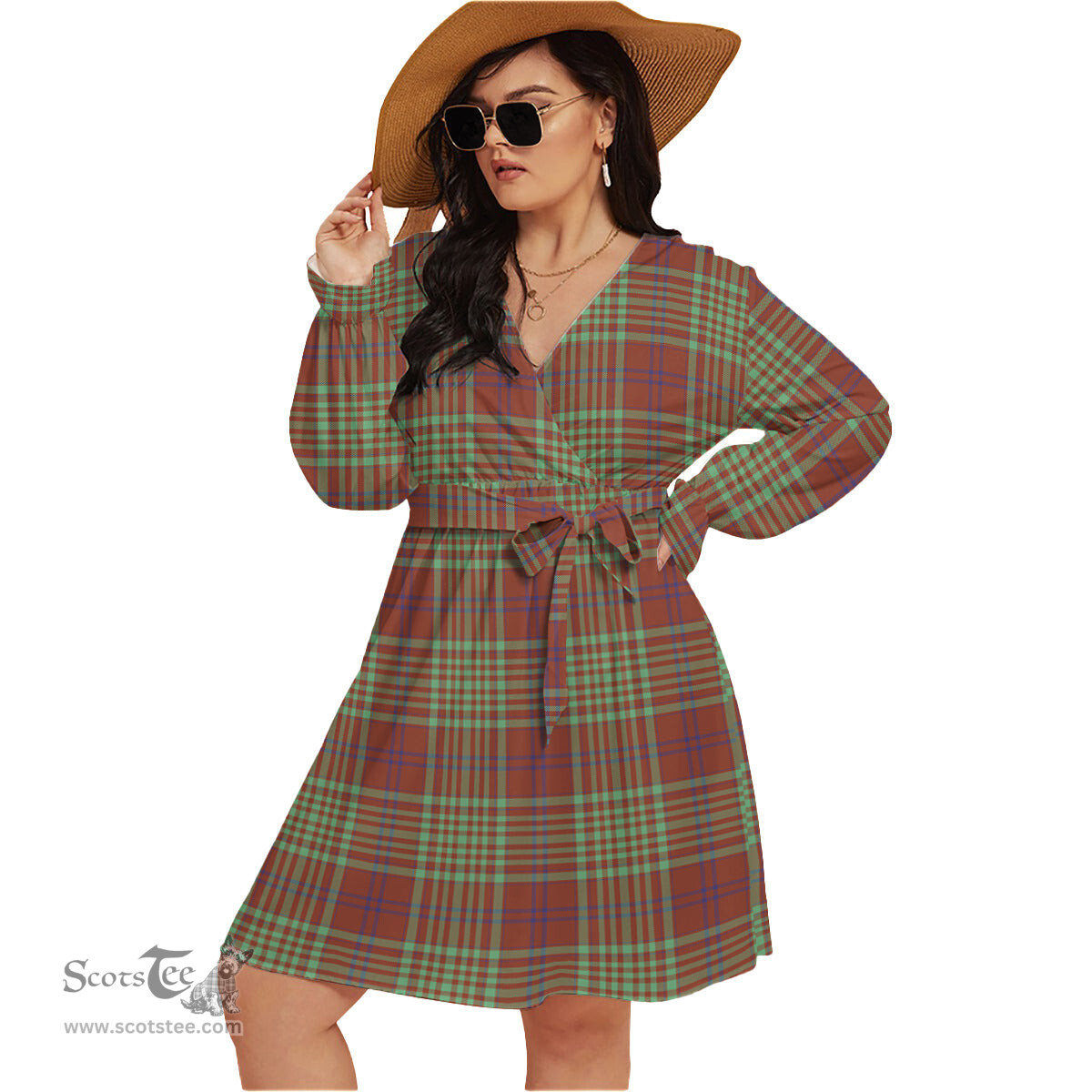 Scottish MacGillivray Hunting Ancient Clan Tartan Womens V-neck Dress With Waistband Tartan Dress Plus Size