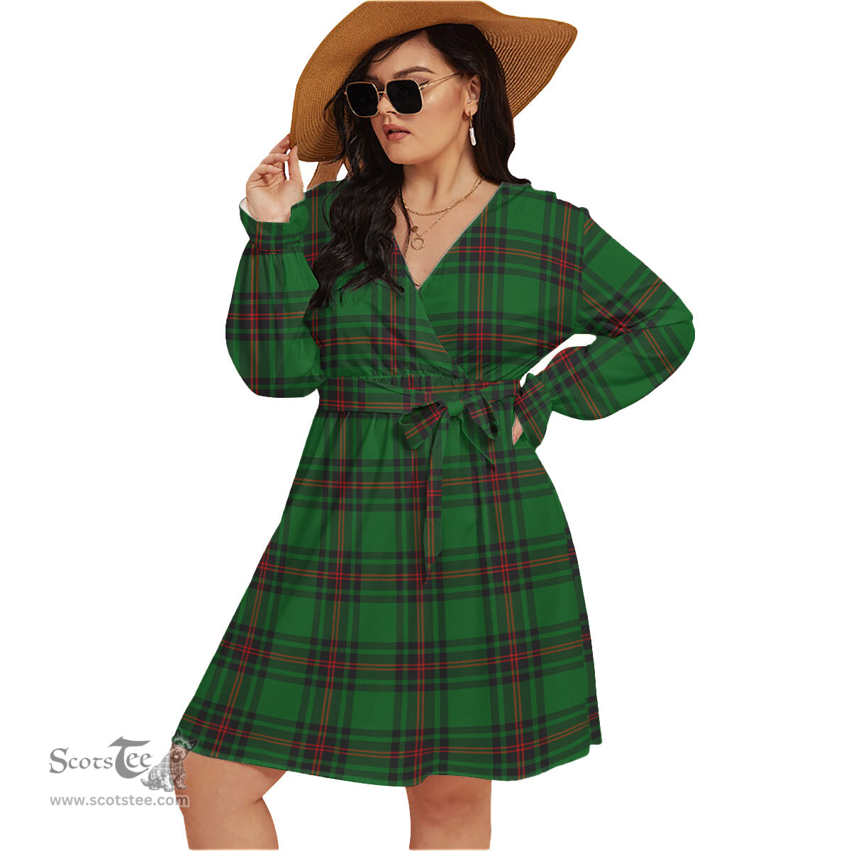 Scottish Kinnear Clan Tartan Womens V-neck Dress With Waistband Tartan Dress Plus Size