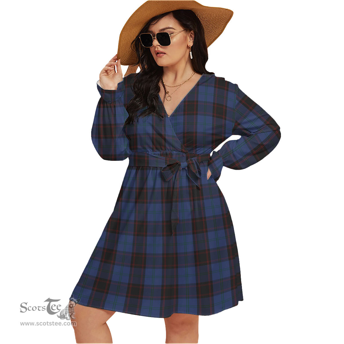 Scottish Home (Hume) Clan Tartan Womens V-neck Dress With Waistband Tartan Dress Plus Size