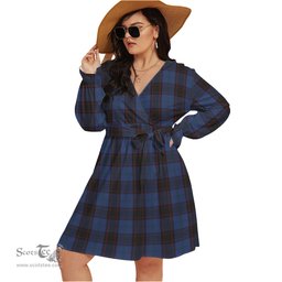 Scottish Home (Hume) Clan Tartan Womens V-neck Dress With Waistband Tartan Dress Plus Size