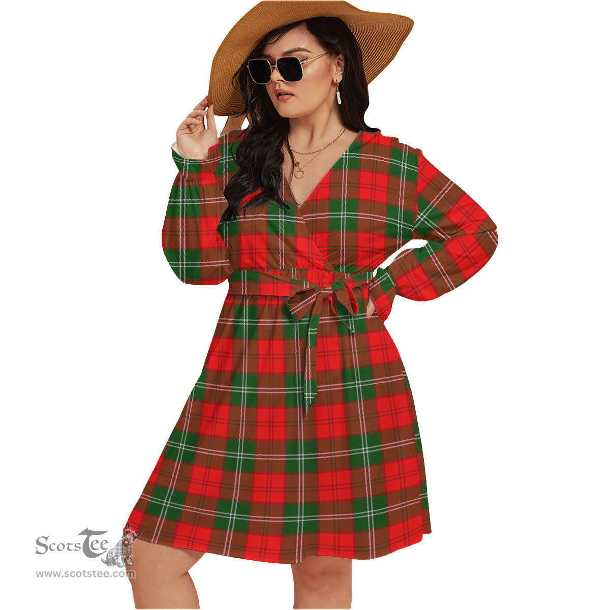 Scottish Lennox Modern Clan Tartan Womens V-neck Dress With Waistband Tartan Dress Plus Size