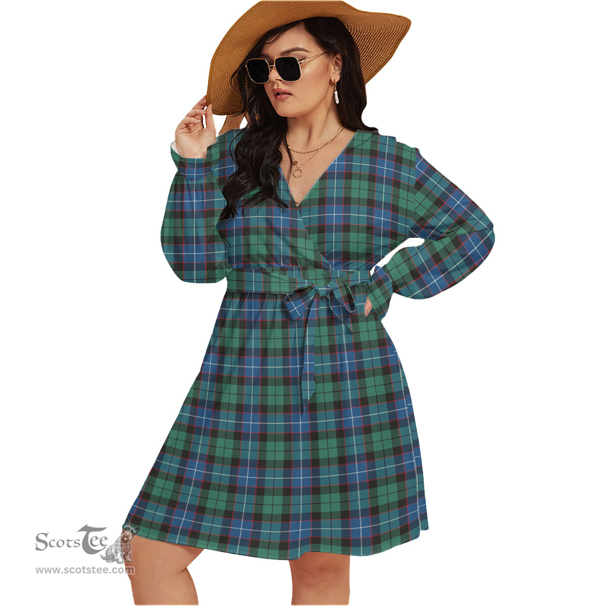 Scottish Hunter Ancient Clan Tartan Womens V-neck Dress With Waistband Tartan Dress Plus Size