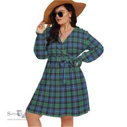 Scottish Hunter Ancient Clan Tartan Womens V-neck Dress With Waistband Tartan Dress Plus Size
