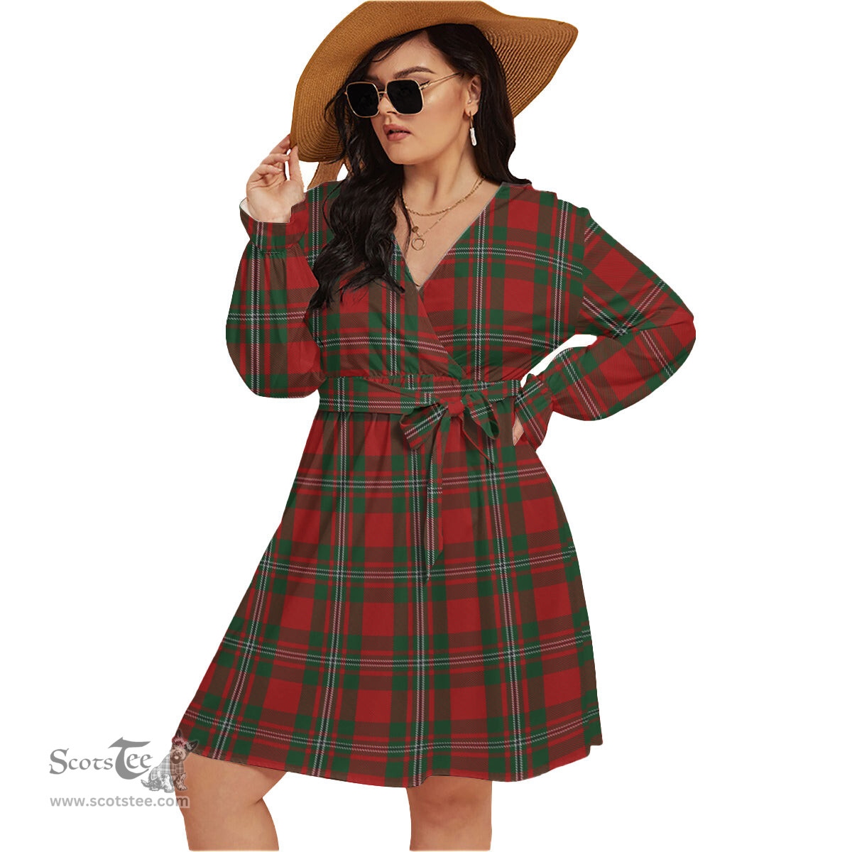 Scottish MacGregor Clan Tartan Womens V-neck Dress With Waistband Tartan Dress Plus Size
